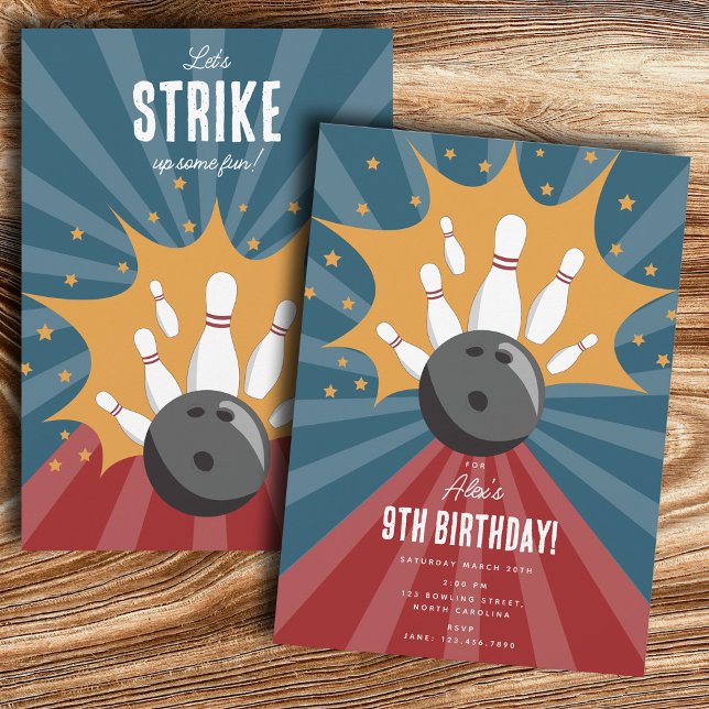 Convite Bola de boliche Aperte Um Aniversário de criança D (Bowling Ball Strike Up Some Fun Kids Birthday Invitation)