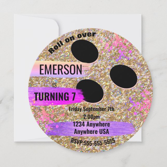 Convite BOLA DE BOLICHE brilhante, boliche, festa de anive (Frente)