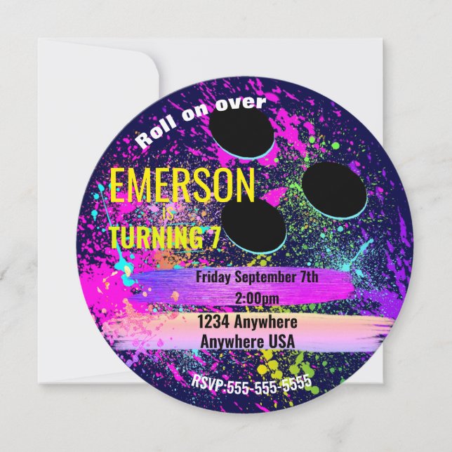 Convite BOLA DE BOLICHE NEON, boliche, aniversário de boli (Frente)