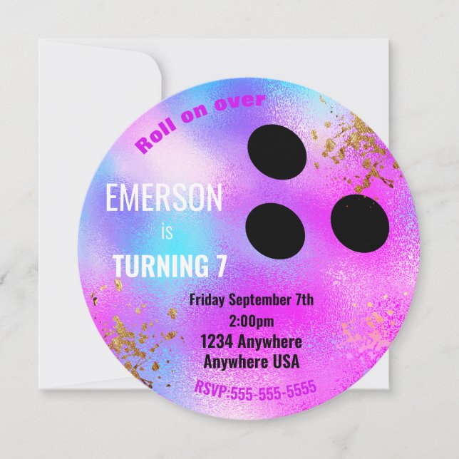Convite BOLA DE BOLICHE roxa, boliche, festa de aniversári (Frente)