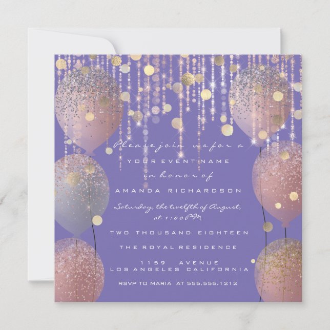 Convite Bola de Brilho Rosa Dourado  Noiva Doze Anos Roxo (Frente)