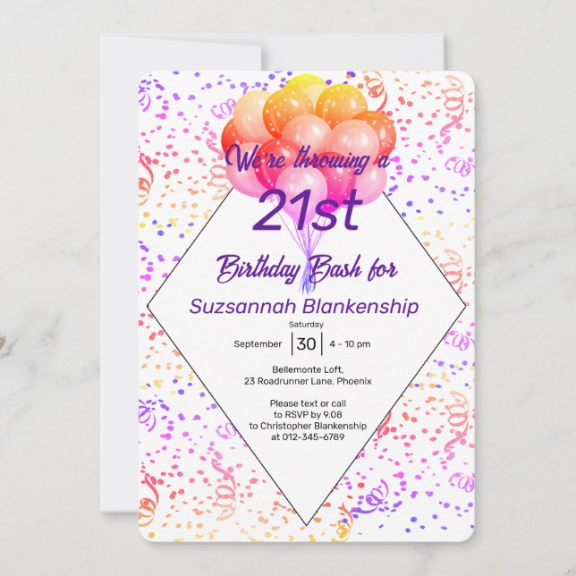 Convite Bola de Confete de Cores Personalizada Aniversário (Frente)