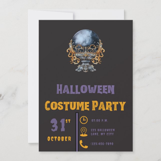 Convite Bola de Cristal Preta e Dourada Halloween Moderno  (Frente)