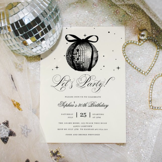 Convite Bola de Disco Desenhada à Mão Branca Qualquer Idad (Criador carregado)