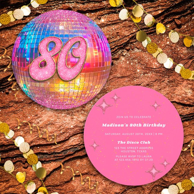 Convite Bola de Disco Rosa Dourada com Festa de aniversári (Front/Back)