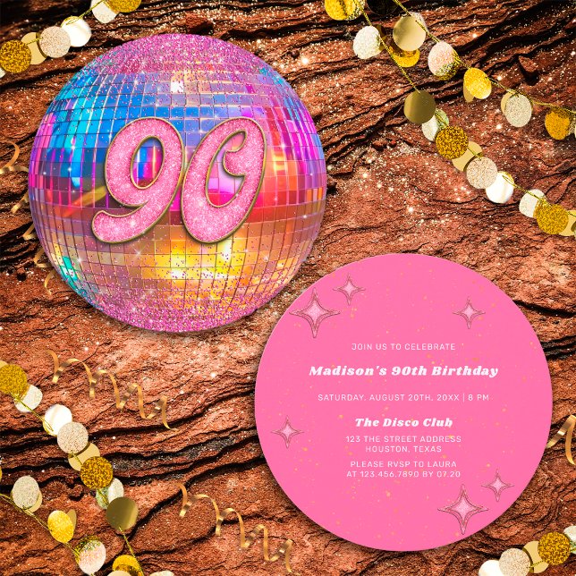 Convite Bola de Disco Rosa Dourada com Festa de aniversári (Front/Back)