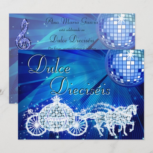 Convite Bola de Discoteca Azul, Carruagem Princesa & Caval (Frente/Verso)
