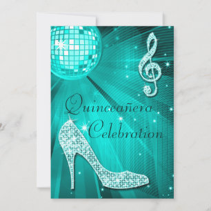Convite Bola de Discoteca Azul e Saltos de Brilho Quinceañ