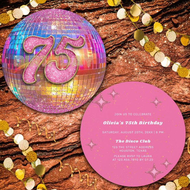 Convite Bola de Discoteca Brilho Dourado Rosa Festa de Ani (Criador carregado)