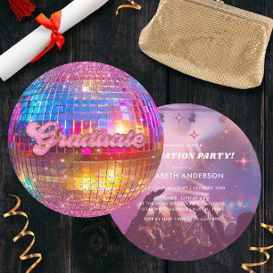 Convite Bola de Discoteca Brilho Rosa Quente Festa Graduaç