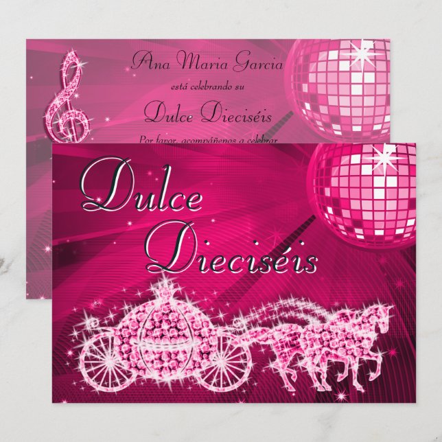 Convite Bola de Discoteca Cor-de-Rosa, Princesa e Cavalos  (Frente/Verso)