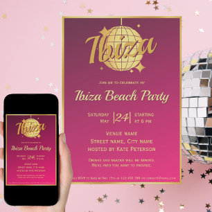 Convite Bola de discoteca cor-de-rosa tema Ibiza eivissa d