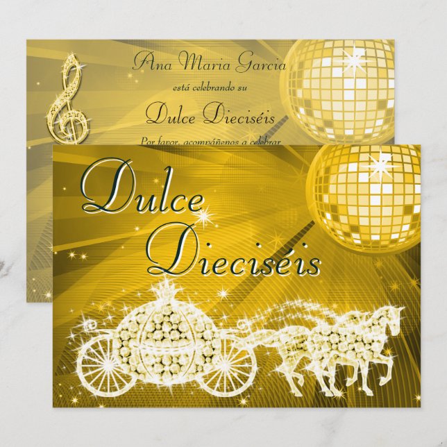 Convite Bola de Discoteca Dourada, Carruagem da Princesa & (Frente/Verso)