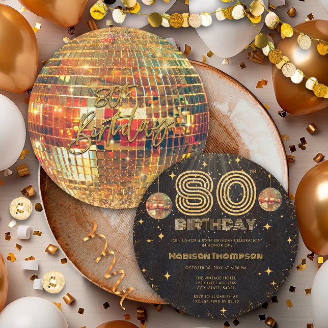 Convite Bola de Discoteca Dourada de Ouro Preto Aniversári (Criador carregado)