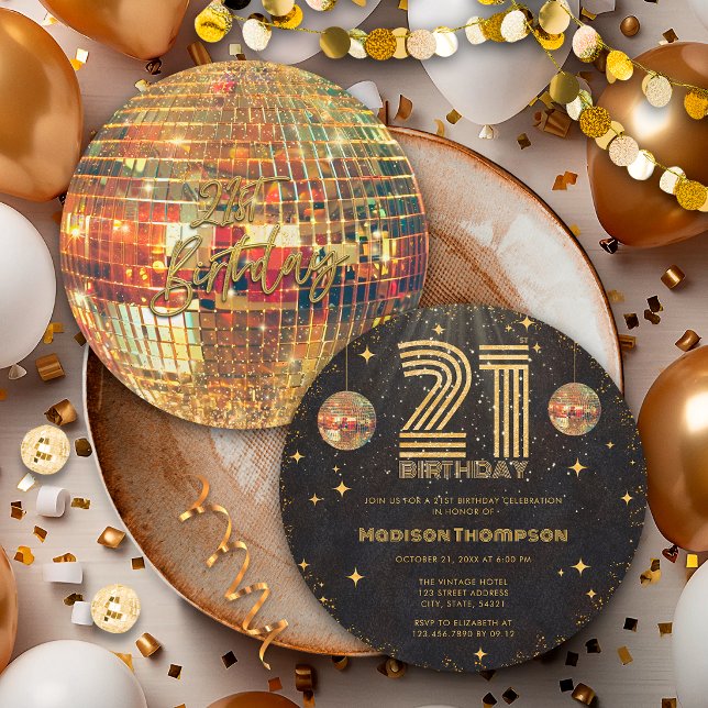 Convite Bola de Discoteca Dourada de Ouro Preto Aniversári (Criador carregado)