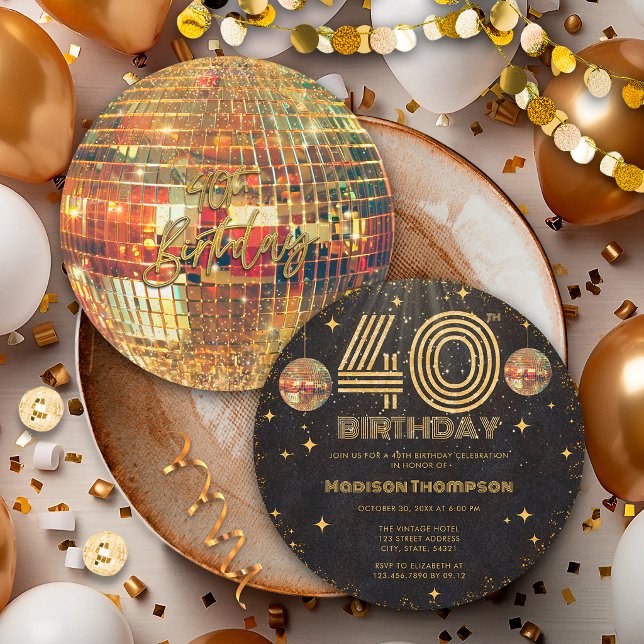 Convite Bola de Discoteca Dourada de Ouro Preto Aniversári (Criador carregado)