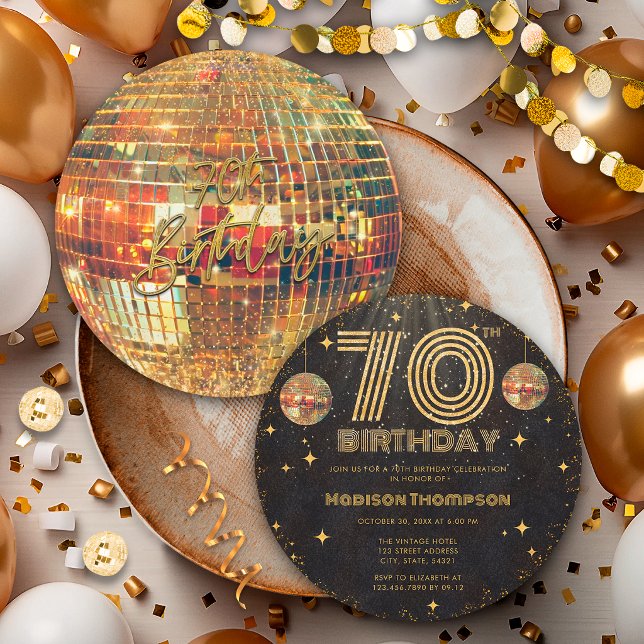 Convite Bola de Discoteca Dourada de Ouro Preto Aniversári (Criador carregado)