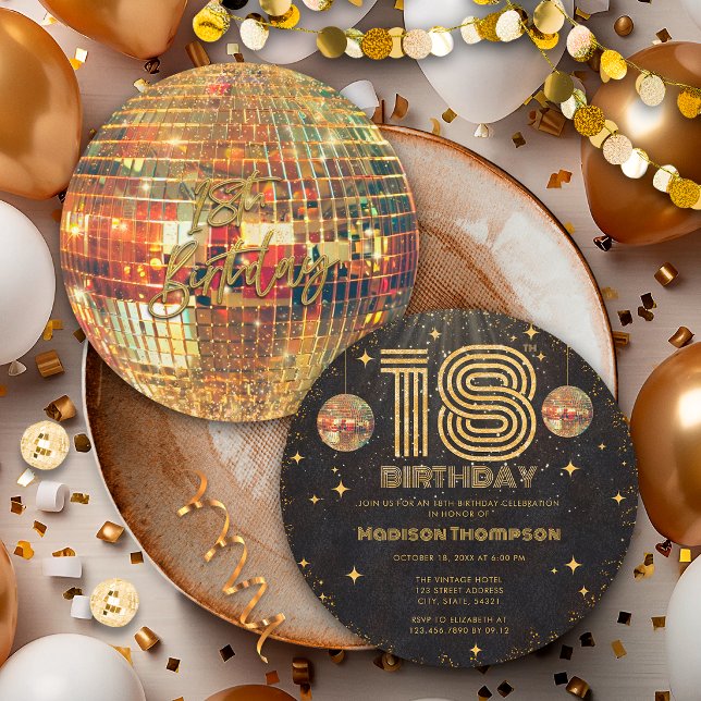 Convite Bola de Discoteca Dourada de Ouro Preto Aniversári (Criador carregado)