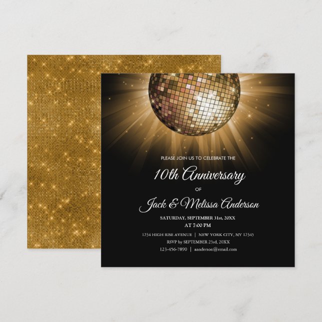 Convite Bola de Discoteca Dourada para Festa de 10º Aniver (Frente/Verso)