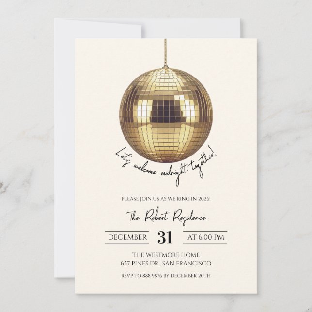 Convite Bola de discoteca Festa de Ano Novo  (Frente)