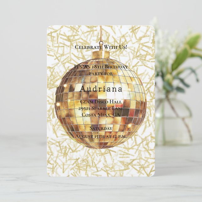 Convite Bola de Discoteca Glam Glitzy Aniversário Dourado  (Em pé/Frente)