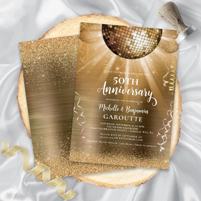 Convite Bola de Discoteca Glamour Dourada 50º Aniversário  (Gold Glam Disco Ball 50th Wedding Anniversary Invitation)
