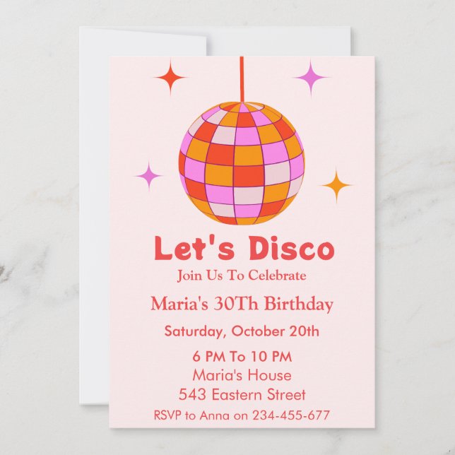 Convite Bola de Discoteca Laranja Rosa Vamos Dançar no Ani (Frente)