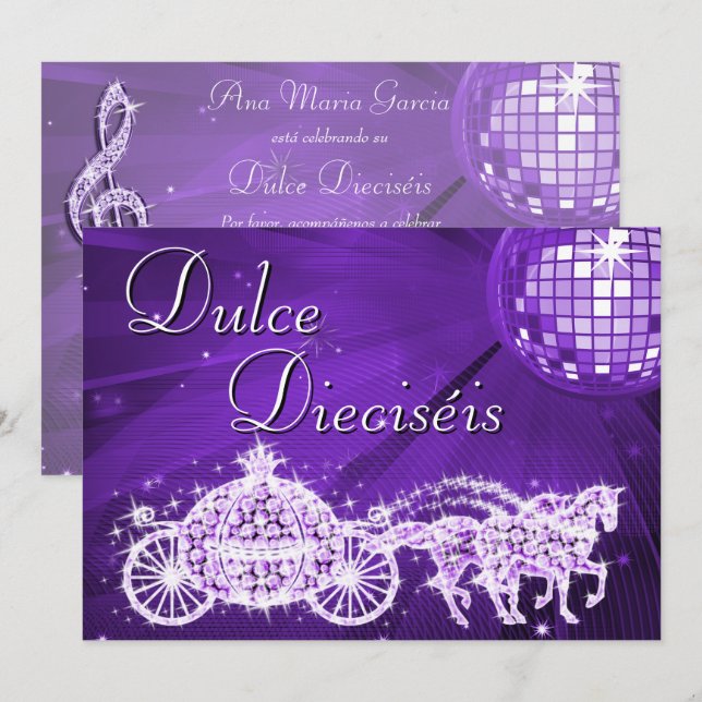 Convite Bola de Discoteca Lilás, Carruagem de Princesa & C (Frente/Verso)