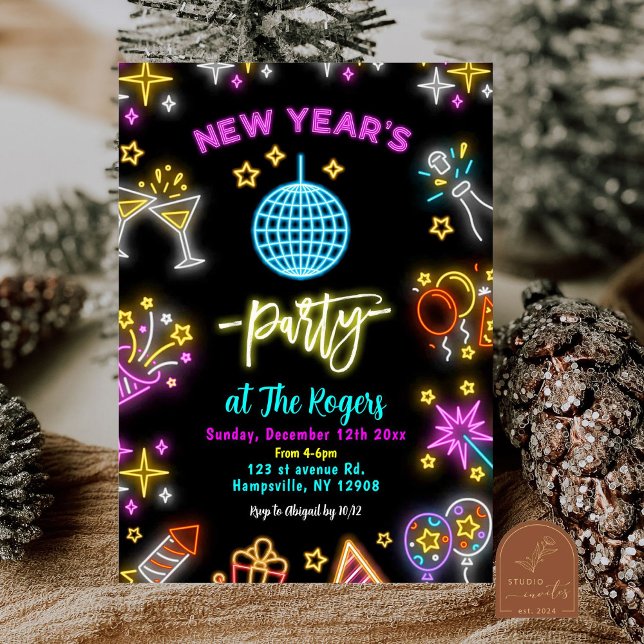 Convite Bola de Discoteca Neon Festa de Ano Novo (Criador carregado)