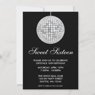 Convite Bola de Discoteca Prata e Preto Aniversário de Swe