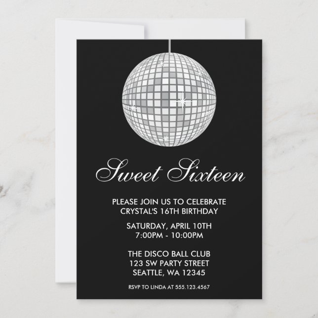 Convite Bola de Discoteca Prata e Preto Aniversário de Swe (Frente)