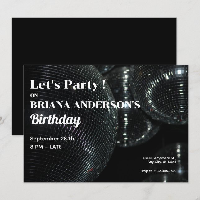 Convite Bola de Discoteca Preta (Frente/Verso)