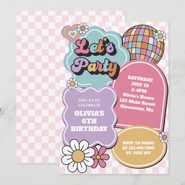 Convite Bola de discoteca retrô pastel e aniversário de ma (Frente/Verso)