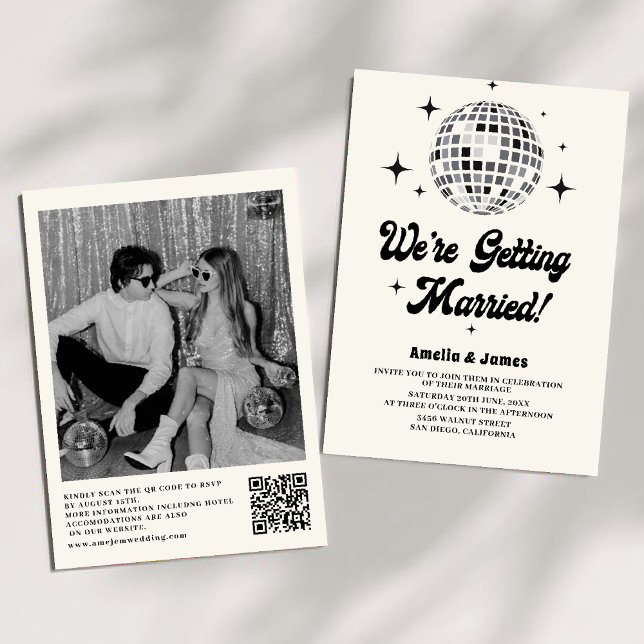 Convite Bola de Discoteca Retro Preto e Branco Código QR C (Criador carregado)