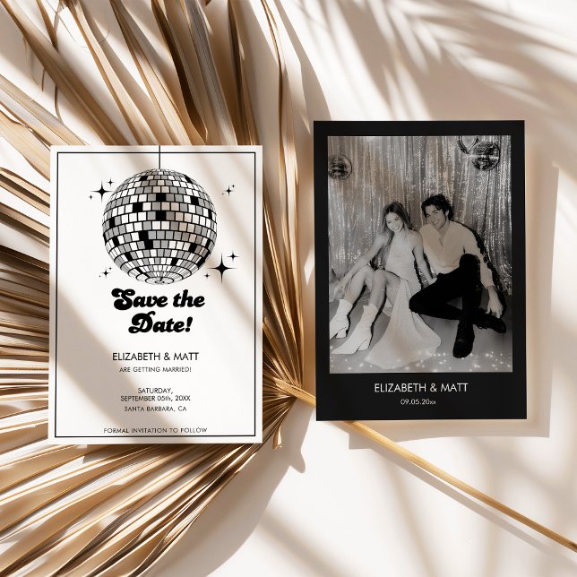 Convite Bola de Discoteca Retro Salvar a Data Preto Branco (disco ball save the date, retro wedding invitation, black and white wedding, modern retro wedding, s)