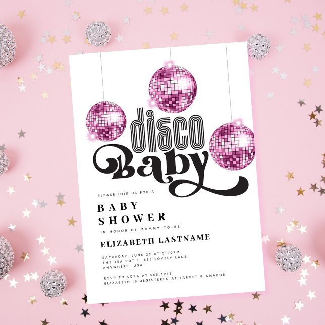 Convite Bola de Discoteca Rosa Churrasco de Baby Shower Re (Criador carregado)