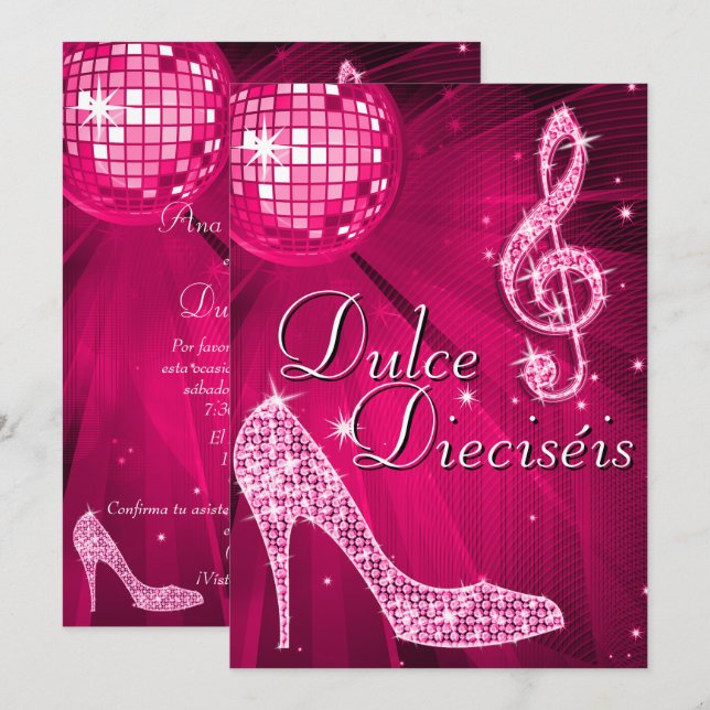 Convite Bola de Discoteca Rosa Espanhola & Saltos de Brilh (Frente/Verso)