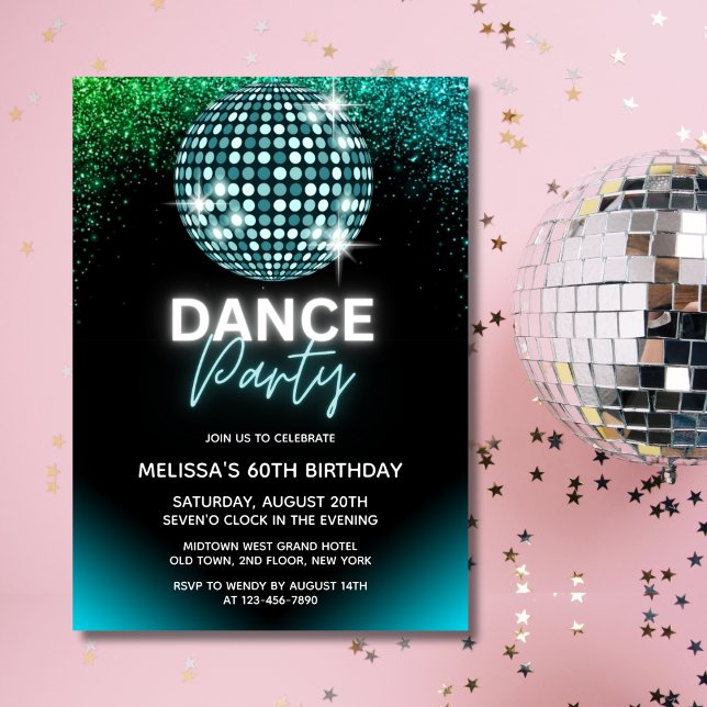 Convite Bola de Discoteca Turquesa Brilho Festa de Anivers (Criador carregado)
