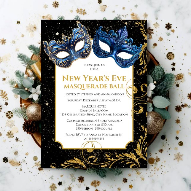 Convite Bola de Mascarada de Ano Novo Azul Dourada (Set the tone for a memorable NYE celebration by inviting your guests with this elegant invitation.)