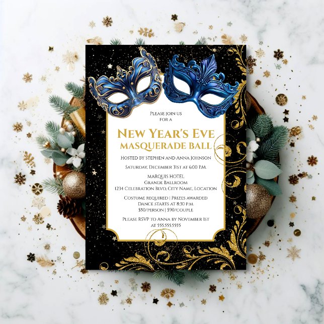 Convite Bola de Mascarada de Ano Novo Azul Dourada (Set the tone for a memorable NYE celebration by inviting your guests with this elegant invitation.)