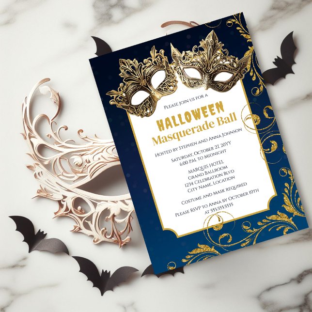 Convite Bola de Mascarada de Halloween (Halloween masquerade ball invitation front view.)