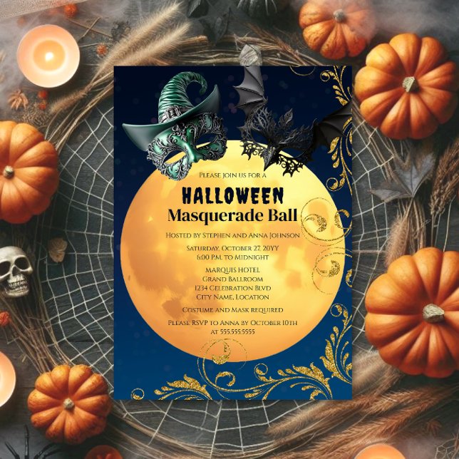 Convite Bola de Mascarada de lua cheia do Halloween (Halloween masquerade ball invitation with blue bokeh background and full moon.  Front of invite.)