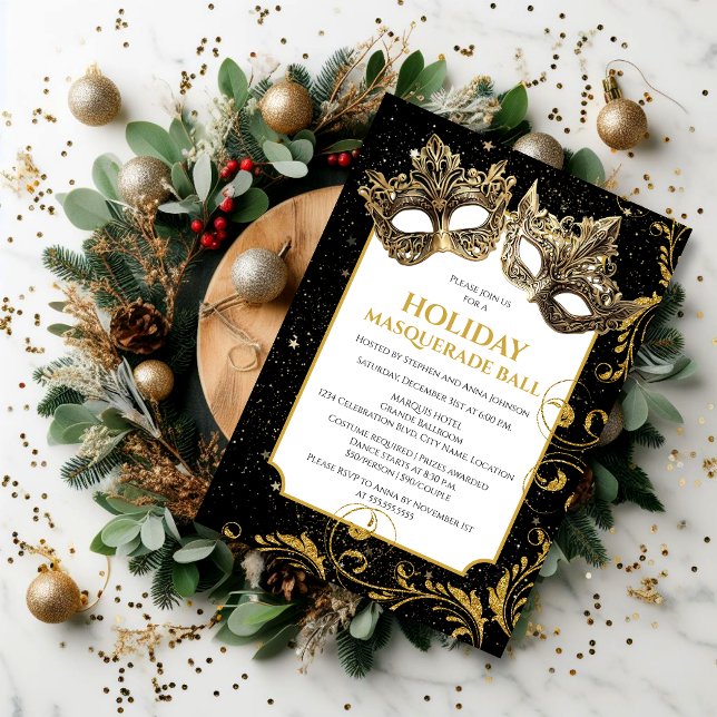 Convite Bola de Mascarada de Natal Dourada (Enjoy celebrating Christmas and the Holidays by inviting your guests for a holiday masquerade ball.)