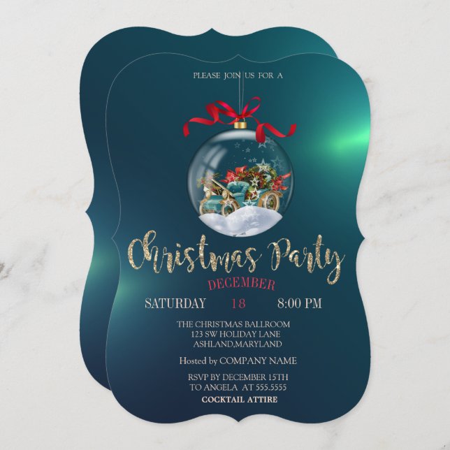 Convite Bola de Natal, Carro Retro, Companhia de Natal Ver (Frente/Verso)