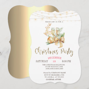 Convite Bola de Natal, Taça de Vinho, Luzes Douradas de Na