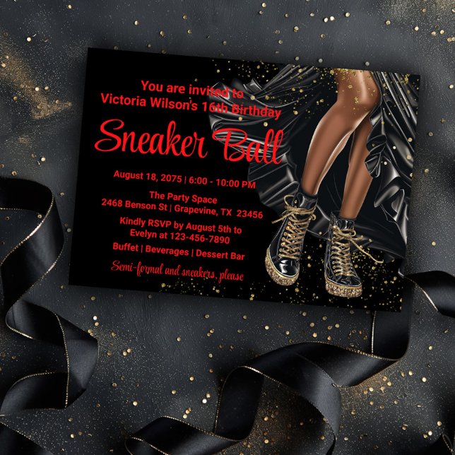 Convite Bola de neakers Dourados vermelhos (Pretty black and gold sneaker ball invitation. You can change the background color and text color.)