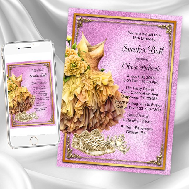 Convite Bola de Sneaker Dourada Rosa (Pink gold sneaker ball invitations. Instant downloads and printed invitations are available.)