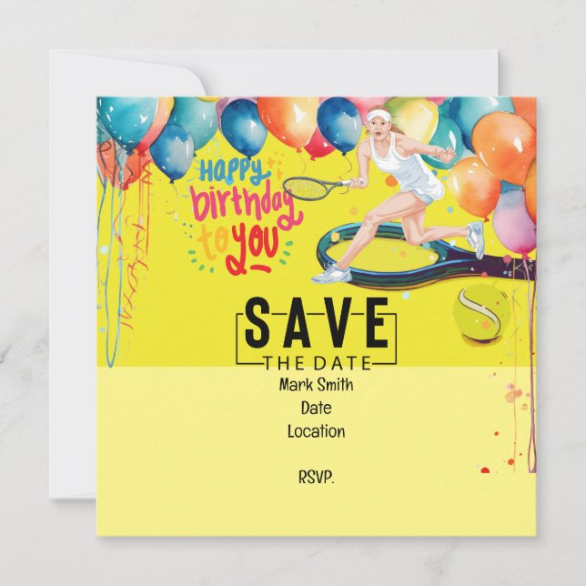 Convite Bola de tênis com raquete no aniversário amarelo (Frente)