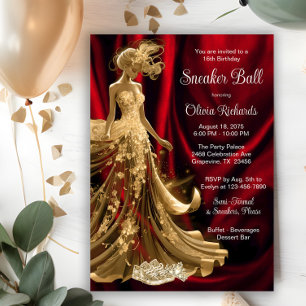 Convite Bola de Tênis Elegante Dourado Vermelho