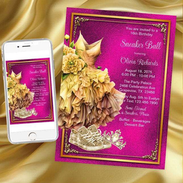 Convite Bola de Tênis Rosa Quente Dourado (Hot pink gold sneaker ball invitation. Instant download and printed invitations available.)